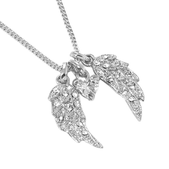 Silver Heart Crystal Angel Wing Pendant Necklace Bead Charm Chain - Picture 5 of 6